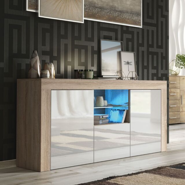 Creative Furniture Aurora Sideboard 145cm - A Modern & Practical Cabinet with Gloss Doors & LED Lights in Light Oak - image 1