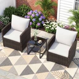 Costway 3PCS Patio Furniture Set PE Rattan Bistro Conversation Set w/ Cushions in Beige - thumbnail 7