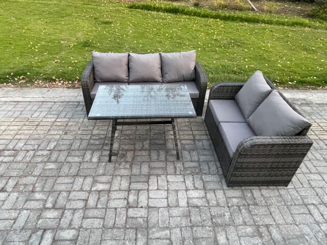Fimous High Back PE Rattan Sofa Set Outdoor Garden Furniture Dining Table Set Love Sofa 3 Seater Sofa in Dark Grey - image 1