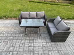 Fimous High Back PE Rattan Sofa Set Outdoor Garden Furniture Dining Table Set Love Sofa 3 Seater Sofa in Dark Grey - thumbnail 1