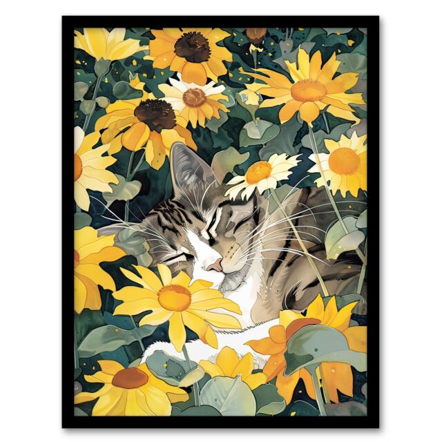 Artery8 Tabby Cat Lover Asleep in Wildflower Garden Framed Art Print in Yellow - Size: A4 - image 1