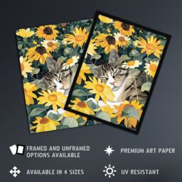 Artery8 Tabby Cat Lover Asleep in Wildflower Garden Framed Art Print in Yellow - Size: A4 - thumbnail 2