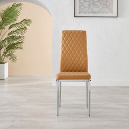 FurnitureboxUK Set of 4 Milan High Back Soft Touch Diamond Pattern Faux Leather Dining Chairs With Silver Chrome Metal Legs in Mustard - thumbnail 3