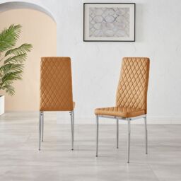 FurnitureboxUK Set of 4 Milan High Back Soft Touch Diamond Pattern Faux Leather Dining Chairs With Silver Chrome Metal Legs in Mustard - thumbnail 2