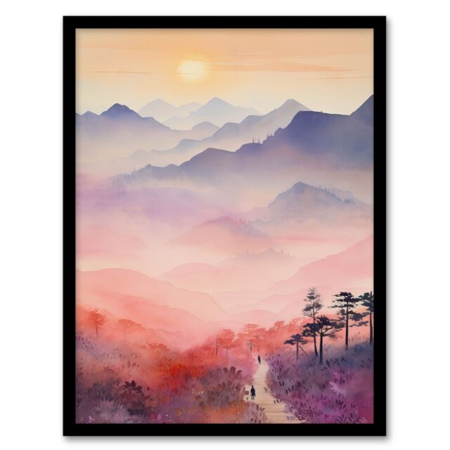 "Artery8 Mist At Sunrise Over Purple Mountains Enchanting Watercolour Art Print Framed Poster Wall Decor in Black - Size: W12"" x H16""" - image 1