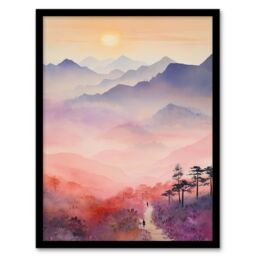 "Artery8 Mist At Sunrise Over Purple Mountains Enchanting Watercolour Art Print Framed Poster Wall Decor in Black - Size: W12"" x H16""" - thumbnail 1