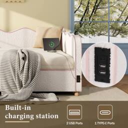 Merax 3ft Single Bed Bouclé Daybed with Hydraulic Storage & USB Ports in Beige - thumbnail 4