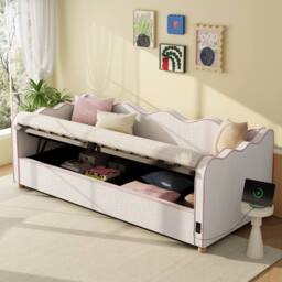 Merax 3ft Single Bed Bouclé Daybed with Hydraulic Storage & USB Ports in Beige - thumbnail 2