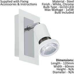 Loops Wall Spot Light White & Chrome Back Plate & Shade Rocker Switch Bulb GU10 1x5W - thumbnail 2