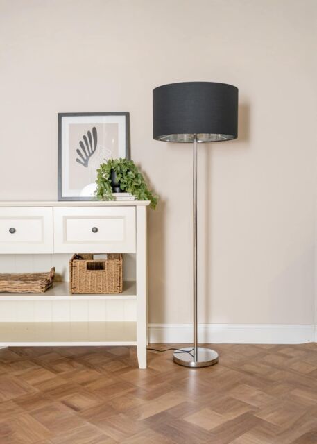 ValueLights Charlie Chrome Stem Floor Lamp with Fabric Drum with Chrome Inner Shade & Bulb in Black - image 1