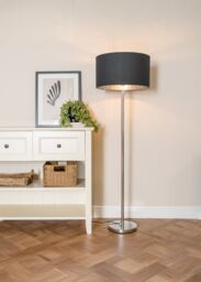 ValueLights Charlie Chrome Stem Floor Lamp with Fabric Drum with Chrome Inner Shade & Bulb in Black - thumbnail 2