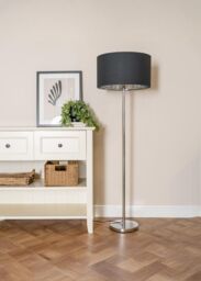 ValueLights Charlie Chrome Stem Floor Lamp with Fabric Drum with Chrome Inner Shade & Bulb in Black - thumbnail 1