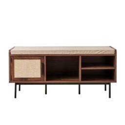 CALICOSY JETSON Walnut Finish Entryway Bench With 1 Door & Fabric Front in Dark Brown