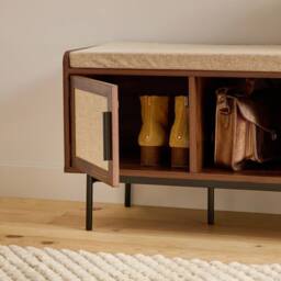CALICOSY JETSON Walnut Finish Entryway Bench With 1 Door & Fabric Front in Dark Brown - thumbnail 3