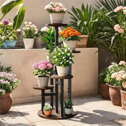 EONLION 6 Tier Wood Plant Stand Metal Rack Round in Brown - thumbnail 3