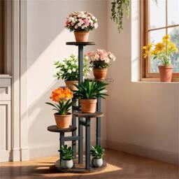 EONLION 6 Tier Wood Plant Stand Metal Rack Round in Brown - thumbnail 5