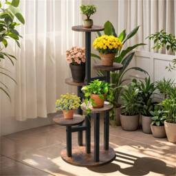 EONLION 6 Tier Wood Plant Stand Metal Rack Round in Brown - thumbnail 4