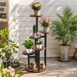 EONLION 6 Tier Wood Plant Stand Metal Rack Round in Brown - thumbnail 1