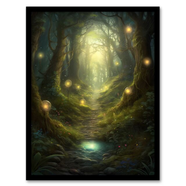 Artery8 Wall Art Print Enchanted Forest Path Oil Painting Fantasy Landscape Fairy Land Lanterns Moss Covered Trees Colourful Magical Nature Mystical - image 1