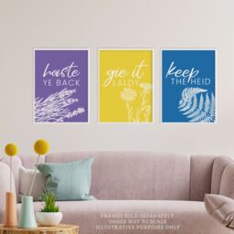Artery8 Wall Art Print Pack of 3 A4 Floral Scottish Sayings Yellow Purple Blue Colourful Botanical Typography Living Room s Set - thumbnail 2