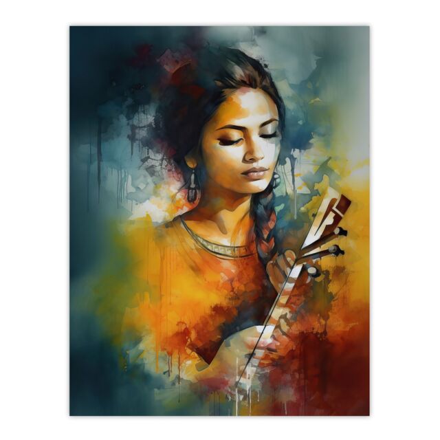 "Artery8 Wall Art Print Woman Playing Classical Indian Folk Music Watercolour Painting Ragini Musician Portrait Poster - Size: W24"" x H32""" - image 1