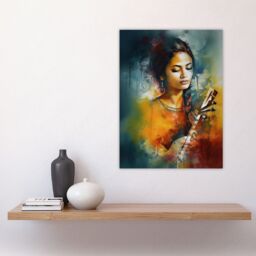 "Artery8 Wall Art Print Woman Playing Classical Indian Folk Music Watercolour Painting Ragini Musician Portrait Poster - Size: W24"" x H32""" - thumbnail 4