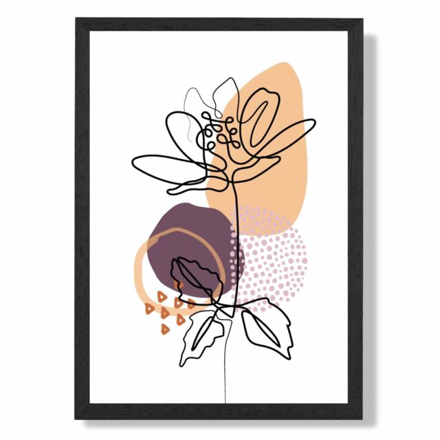 ARTZE Peony Floral Line Art with Boho Purple & Orange Shapes Framed Print SIZE: A3 with Black Frame in Mid Blue - image 1