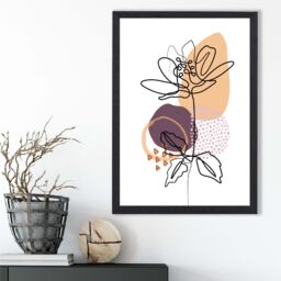 ARTZE Peony Floral Line Art with Boho Purple & Orange Shapes Framed Print SIZE: A3 with Black Frame in Mid Blue - thumbnail 2