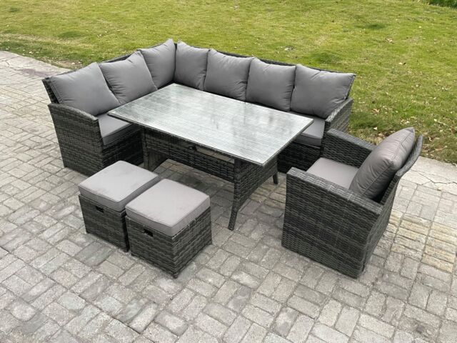 Fimous Outdoor Rattan Garden Furniture Corner Sofa Set with Rectangular Dining Table 2 Small Footstools Armchair in Dark Grey - image 1