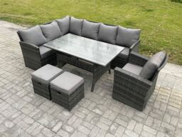Fimous Outdoor Rattan Garden Furniture Corner Sofa Set with Rectangular Dining Table 2 Small Footstools Armchair in Dark Grey - thumbnail 1