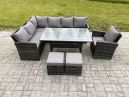 Fimous Outdoor Rattan Garden Furniture Corner Sofa Set with Rectangular Dining Table 2 Small Footstools Armchair in Dark Grey - thumbnail 2