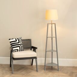 ValueLights Hiru Grey 3 Tier Shelf Floor Lamp with Scallop Edge Shade & Bulb in White - thumbnail 1