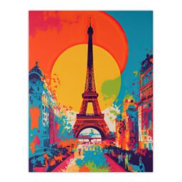 "Artery8 Wall Art Print Eiffel Tower Sunset Vibrant Painting Pedestrians Walking To Monument Busy Paris Street Large Sun Poster - Size: W18"" x H24""" - thumbnail 1