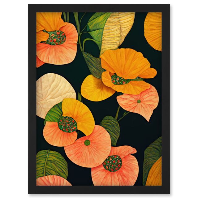 Artery8 Modern Tropical Lake Flowers Orange Yellow Peach Cream Warm Colours on Dark Green Artwork Framed Wall Art Print A4 in Black - image 1