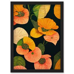 Artery8 Modern Tropical Lake Flowers Orange Yellow Peach Cream Warm Colours on Dark Green Artwork Framed Wall Art Print A4 in Black - thumbnail 1