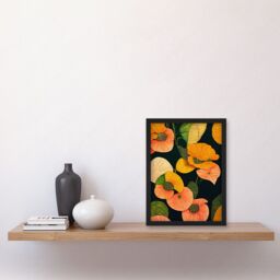 Artery8 Modern Tropical Lake Flowers Orange Yellow Peach Cream Warm Colours on Dark Green Artwork Framed Wall Art Print A4 in Black - thumbnail 2
