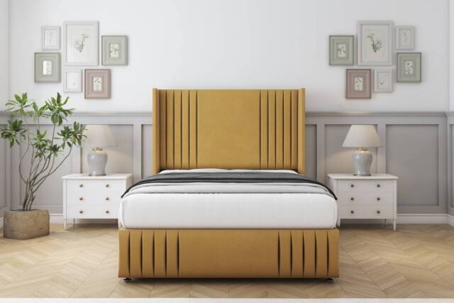 "Comfort Beds Elise Plush Divan Base No Drawers - 54"" Wingback-Footboard in Mustard - Size: Small Double" - image 1