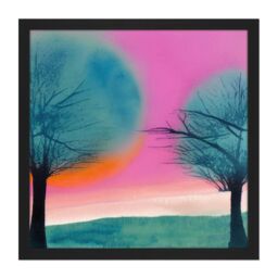 Artery8 Wall Art Print Sunset Tree Silhouette Landscape Modern Abstract Pastel Pink Teal Orange Watercolour Painting Square Framed Picture 16X16 Inch - thumbnail 1