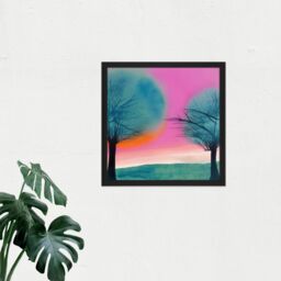 Artery8 Wall Art Print Sunset Tree Silhouette Landscape Modern Abstract Pastel Pink Teal Orange Watercolour Painting Square Framed Picture 16X16 Inch - thumbnail 2