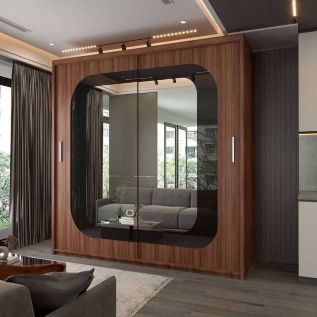 Sliding Wardrobes 4U Modern Double Door Sliding Wardrobe With LED Light W203cm x H217cm in Walnut - image 1