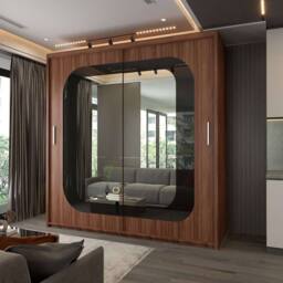 Sliding Wardrobes 4U Modern Double Door Sliding Wardrobe With LED Light W203cm x H217cm in Walnut