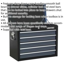 Loops 600 x 305 x 470mm BLACK 5 Drawer Topchest Tool Chest Lockable Storage Cabinet - thumbnail 2