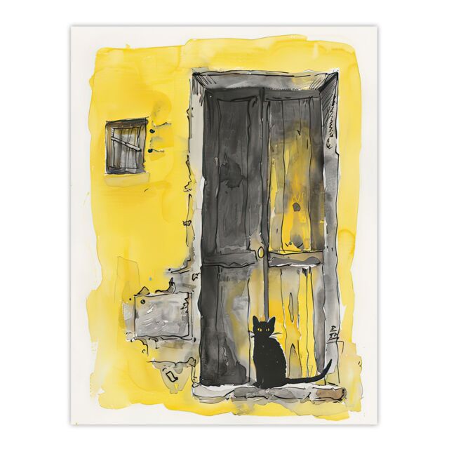 "Artery8 Black Cat in Doorway Rustic Yellow Watercolour Wall Art Print - Size: W12"" x H16""" - image 1