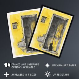 "Artery8 Black Cat in Doorway Rustic Yellow Watercolour Wall Art Print - Size: W12"" x H16""" - thumbnail 2