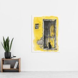 "Artery8 Black Cat in Doorway Rustic Yellow Watercolour Wall Art Print - Size: W12"" x H16""" - thumbnail 4