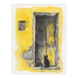 "Artery8 Black Cat in Doorway Rustic Yellow Watercolour Wall Art Print - Size: W12"" x H16""" - thumbnail 1
