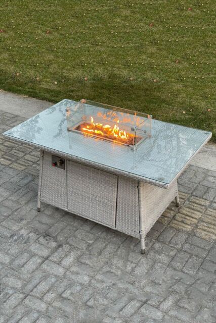 Fimous PE Rattan Gas Fire Pit Dining Rectangular Oblong Table Gas Heater Burner in Light Grey - image 1
