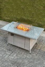 Fimous PE Rattan Gas Fire Pit Dining Rectangular Oblong Table Gas Heater Burner in Light Grey - thumbnail 4