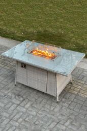 Fimous PE Rattan Gas Fire Pit Dining Rectangular Oblong Table Gas Heater Burner in Light Grey - thumbnail 1
