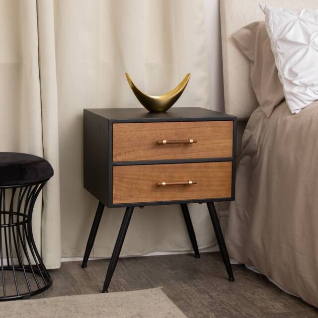 Melody Maison Mid-Century Modern Wood & Black 2 Drawer Bedside - Industrial Range - image 1